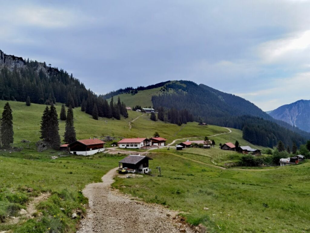 Blick auf die untere Firstalm, dahinter die Brecherspitz